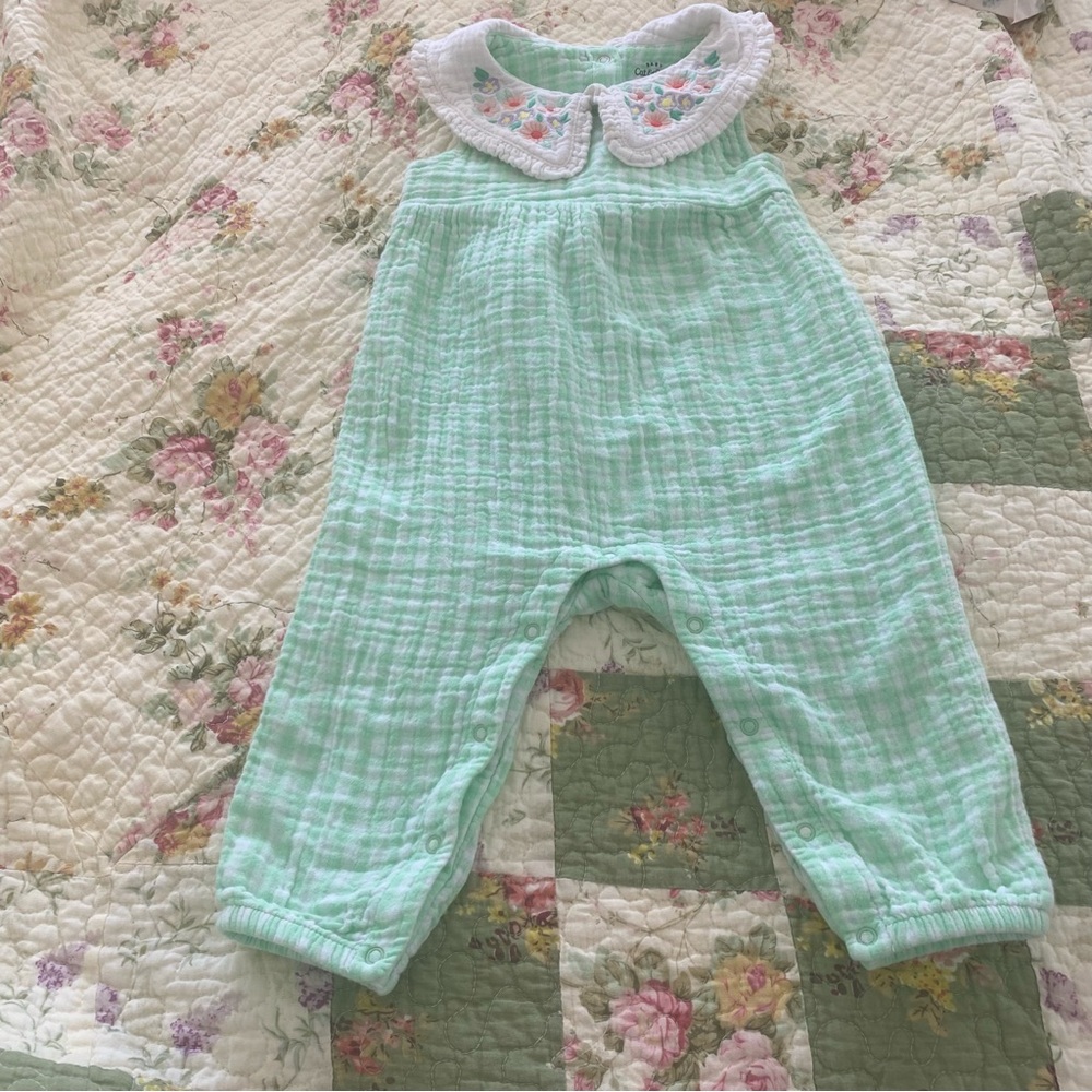 Baby Cat & Jack Green White Gingham Embroidered Cotton Romper 12m